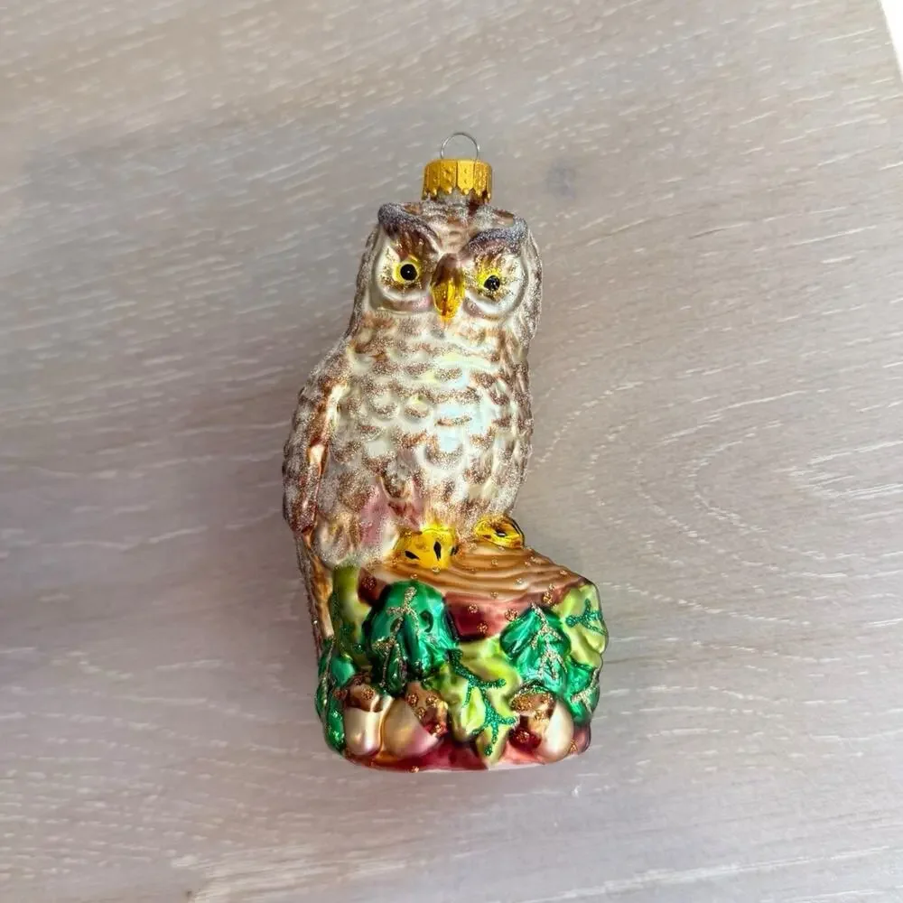 Hand‎ Blown Rustic Owl On Stump Glass Ornament Brown Gold Light Shimmer EUC
